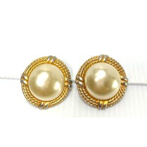 Vintage Simon Chang Gold Tone Clip On Earrings Faux Pearl Classic Fashion VTG